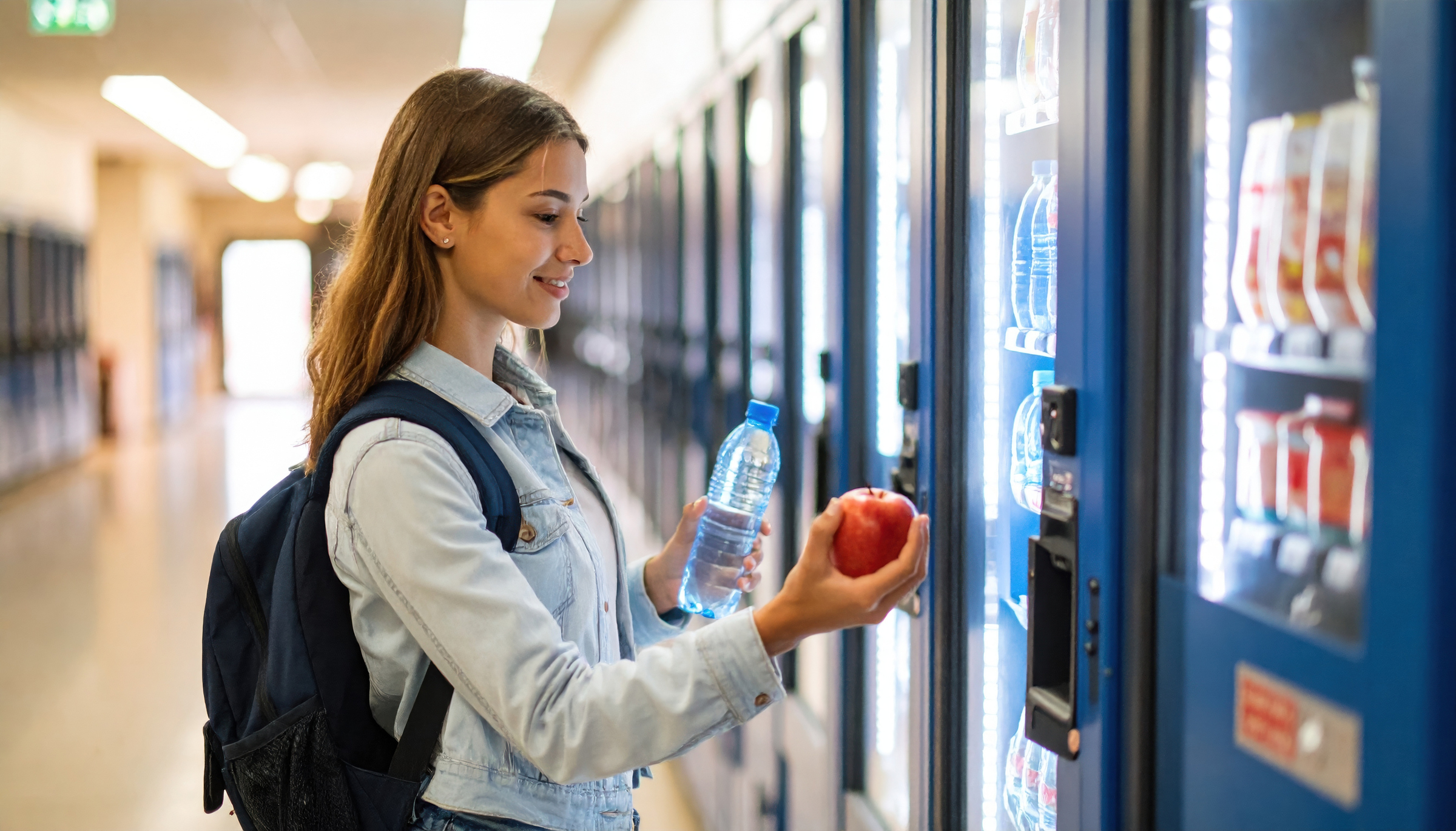 Young woman stands in front of vending machine, holding bottle of water and apple, contemplating her choices. setting is bright and modern, suggesting school or office environment