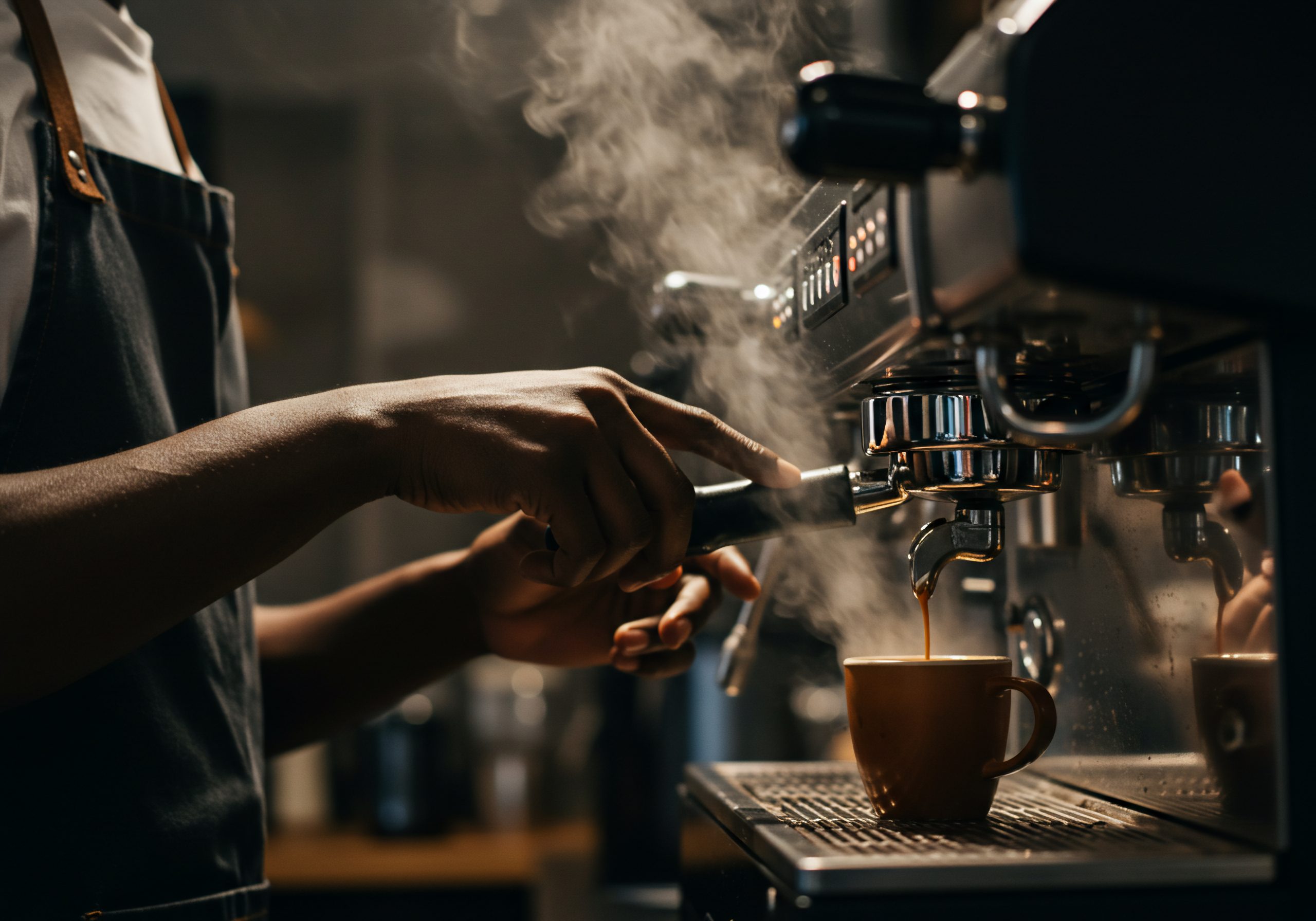 A skilled barista is shown carefully preparing a fresh espresso shot, highlighting the art of coffee making and the rich, aromatic steam rising from the machine. The warm tones and focused composition capture the essence of a cozy coffee shop atmosphere, ideal for branding, marketing, or editorial content related to coffee culture and the food and beverage industry.